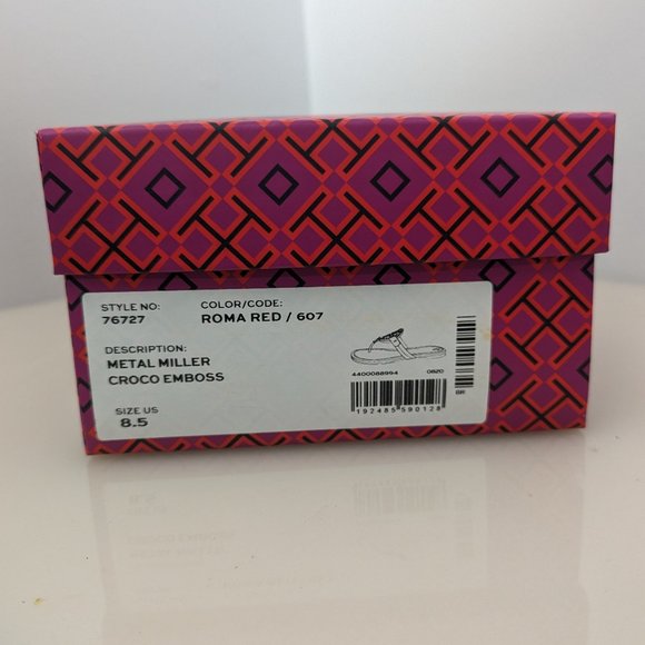 Tory Burch Metal Miller Croc Embossed Logo Sandals Burgundy Roma Red MANY SIZES! - Picture 11 of 13
